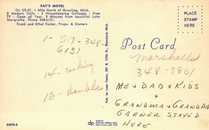 Fays Motel (Grayling Extended Stay) - Vintage Postcard Back (newer photo)